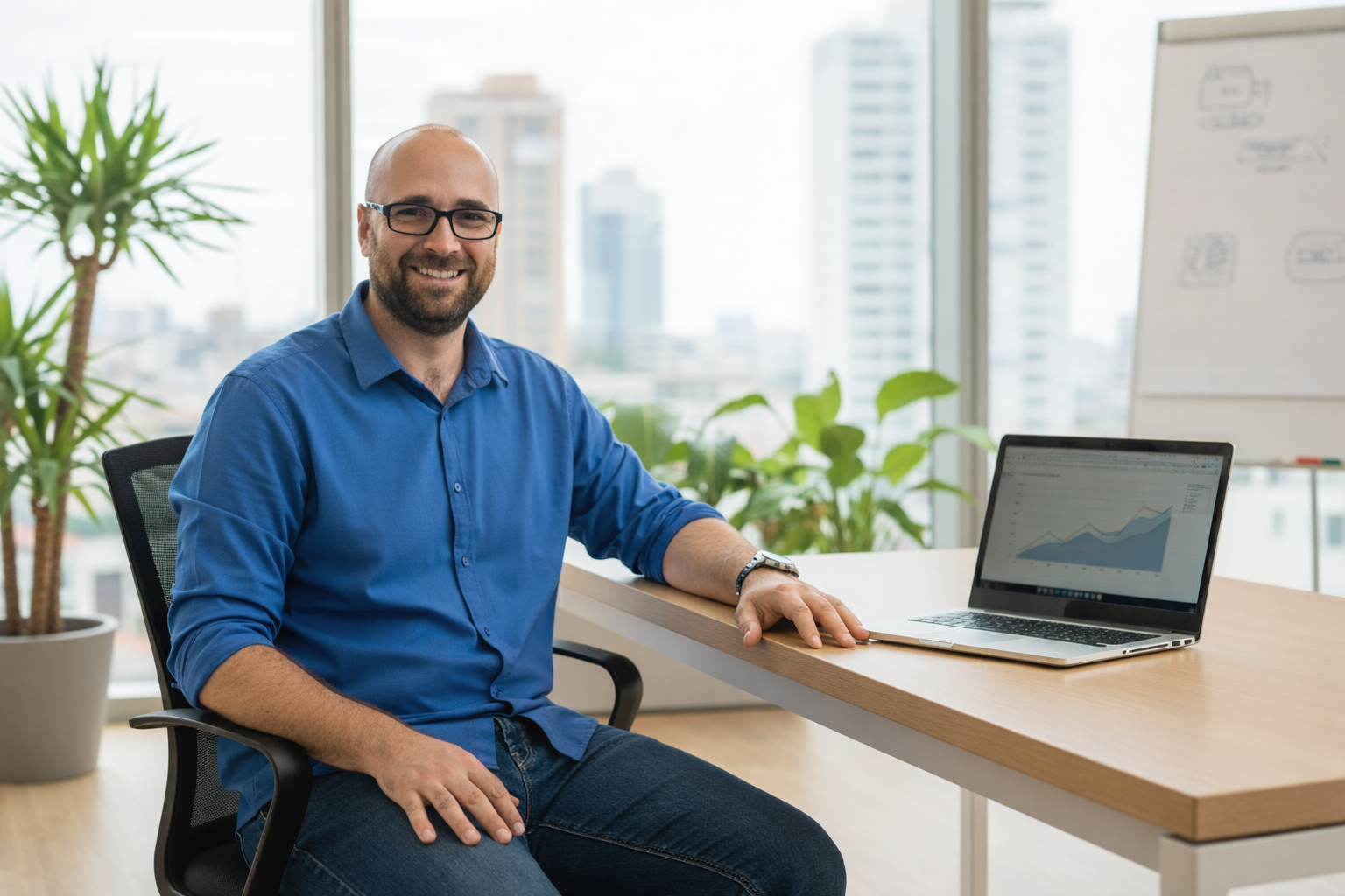 Oriol Fuertes, freelance IT consultant in a modern office – expert in software development, automation and digital transformation
