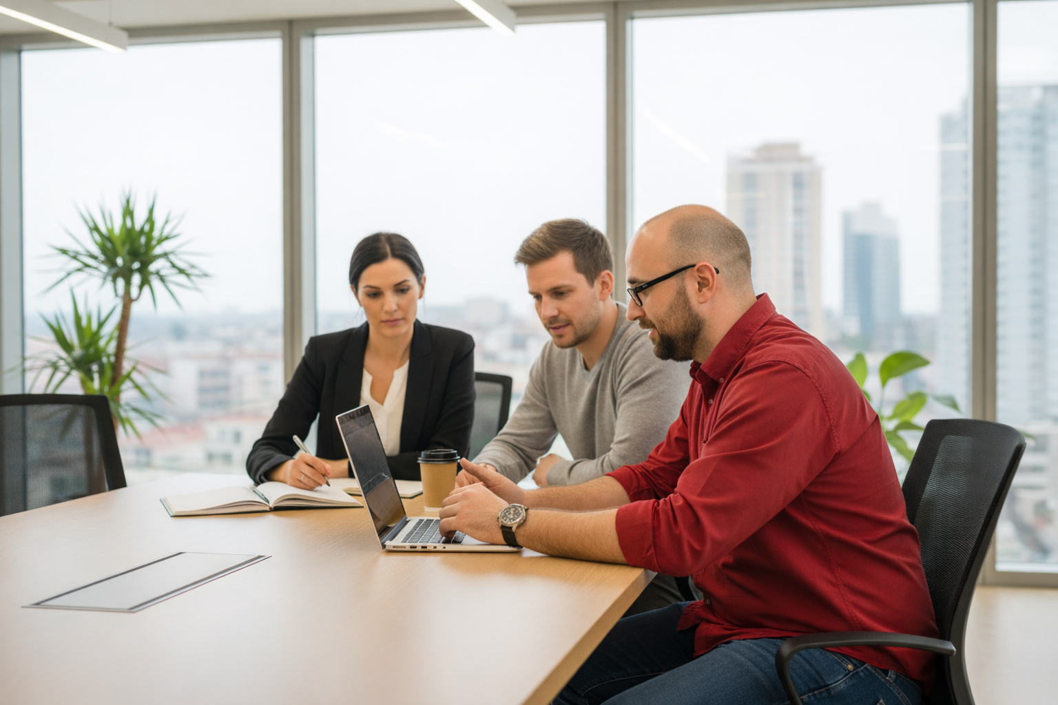 Oriol Fuertes, freelance IT consultant, working with clients in a modern office meeting – software development and digital strategy session