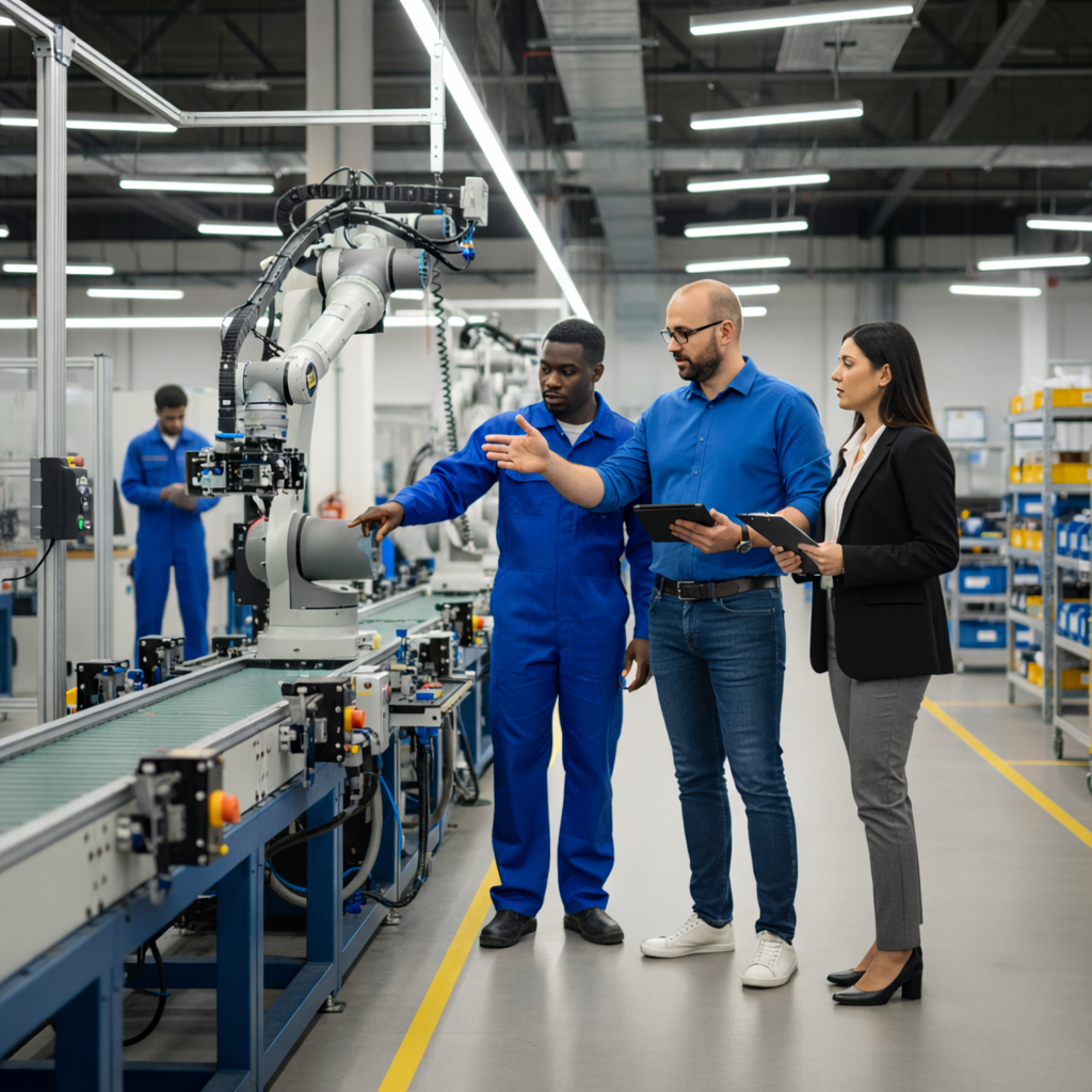 Oriol Fuertes – Freelance IT Consultant Advising on Robotics and Automation Oriol Fuertes, freelance IT consultant, discussing robotic automation systems with engineering teams on a factory floor