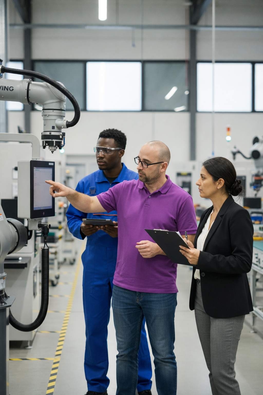 Oriol Fuertes – Freelance IT Consultant Advising on Industrial Automation Oriol Fuertes, freelance IT consultant, reviewing robotic automation systems with engineers on a factory floor