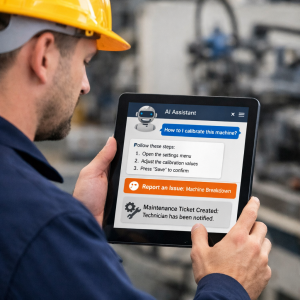 Factory worker using a tablet to interact with an AI agent for production questions and incident reporting on the shopfloor