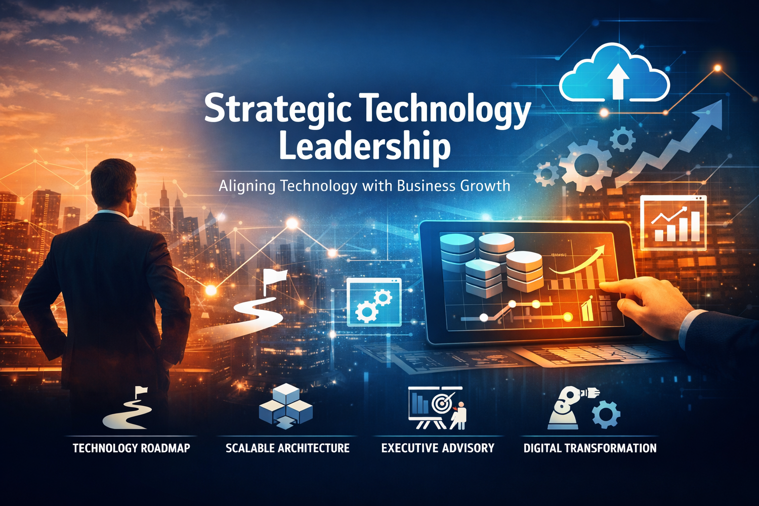 Strategic Technology Leadership – Interim CTO & Technology Strategy by Fuertes-IT Strategic Technology Leadership concept showing business executive aligning cloud architecture, digital transformation and scalable IT strategy